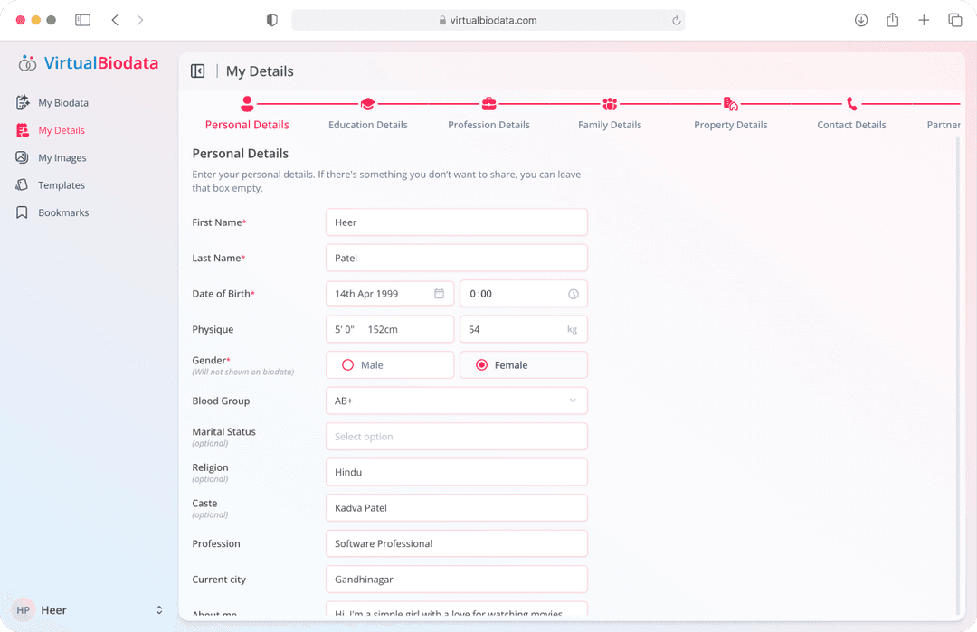 Filling out a simple Marriage Biodata form online